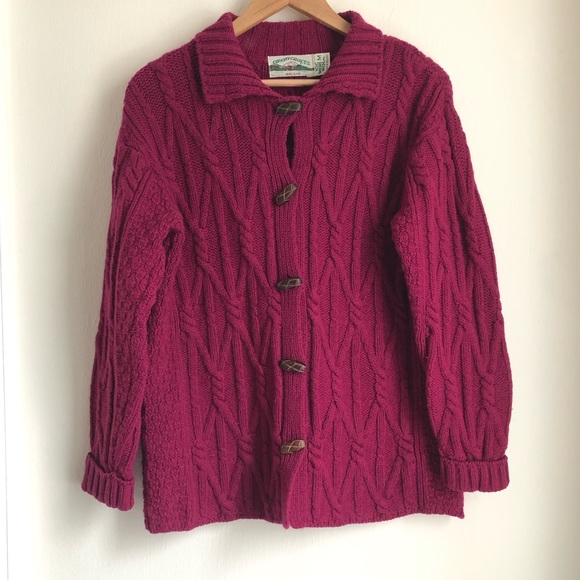 Aran Crafts Sweaters - Aran Crafts Medium Vintage Cable Knit Fisherman Merino Wool Chunky Wine Cardigan